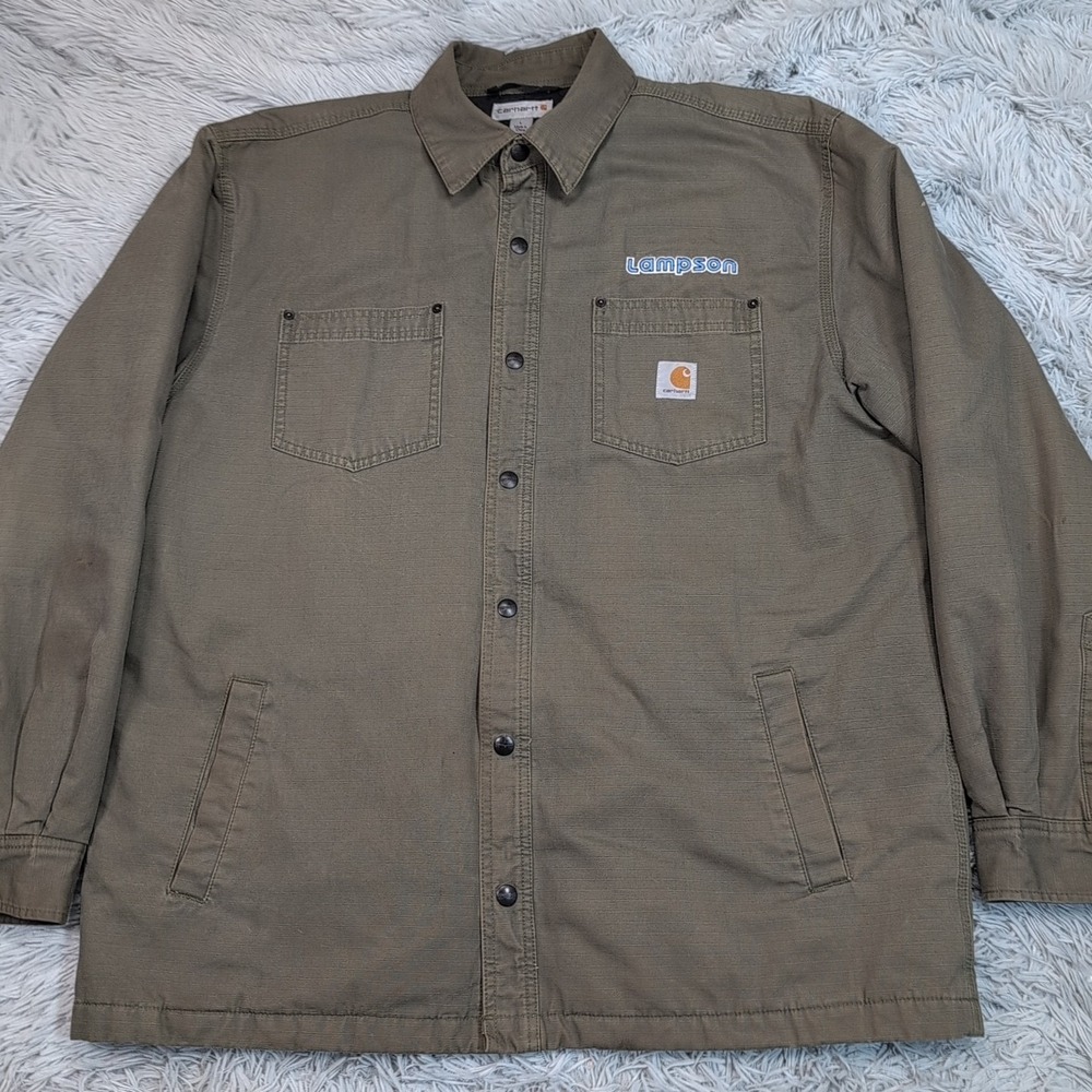 Carhartt Jacket Mens L Green Canvas Barn Chore Coat Work Pockets Shacket Snap Up